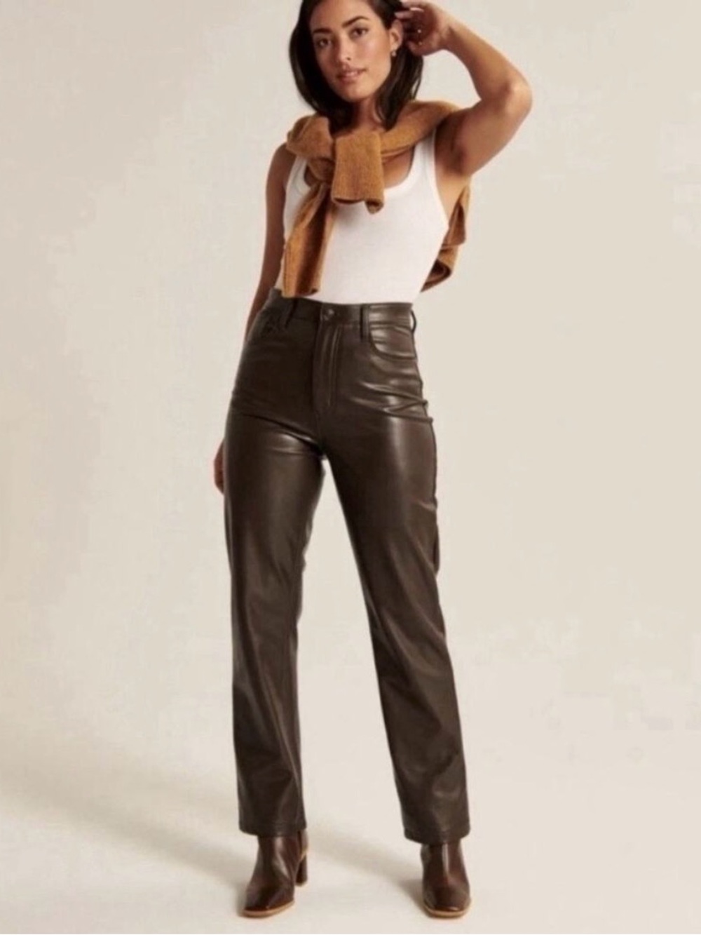 A&F High-Rise Vegan Leather Straight Pants in Dark Brown